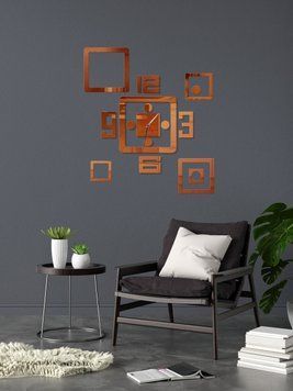Часы зеркальные настенные 3D наклейка для декора дома 70 см Каре бронза 188 фото