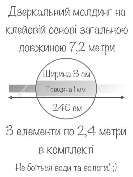 Зеркальная наклейка настенная акриловая для декора стен Молдинг-30 3х240 см 3 шт. Серебро 213 фото