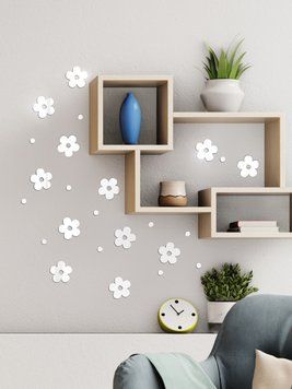Зеркальные наклейки интерьерные на стену с 3d эффектом Сакура 7х7 см 12 шт. Серебро 227 фото
